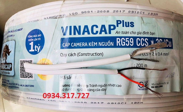 Cáp đồng trục RG59+2C, CCS/CU - Vinacap, 200m/cuộn