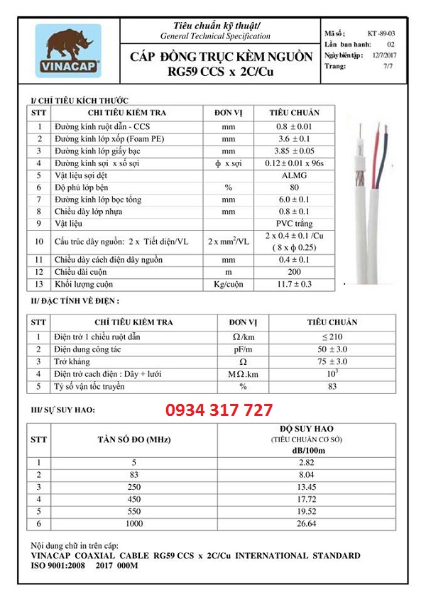 Cáp đồng trục RG59+2C, CCS/CU - Vinacap, 200m/cuộn