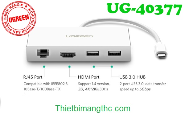 Tổng đại lý cáp chuyển đổi Type C ra HDMI, Type C ra Lan, Type C ra USB cao cấp UGREEN 40377, Type C đa năng cao cấp Ugreen ra HDMI, Lan, USB 3.0 chia 2 cổng Ugreen 40377 cao cấp 