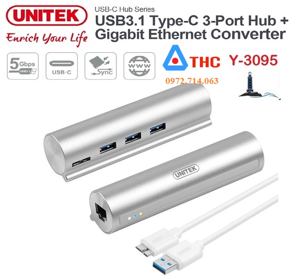 Bộ chia USB Type-C ra 3 cổng USB 3.0 Unitek Y-3095 sang Lan 