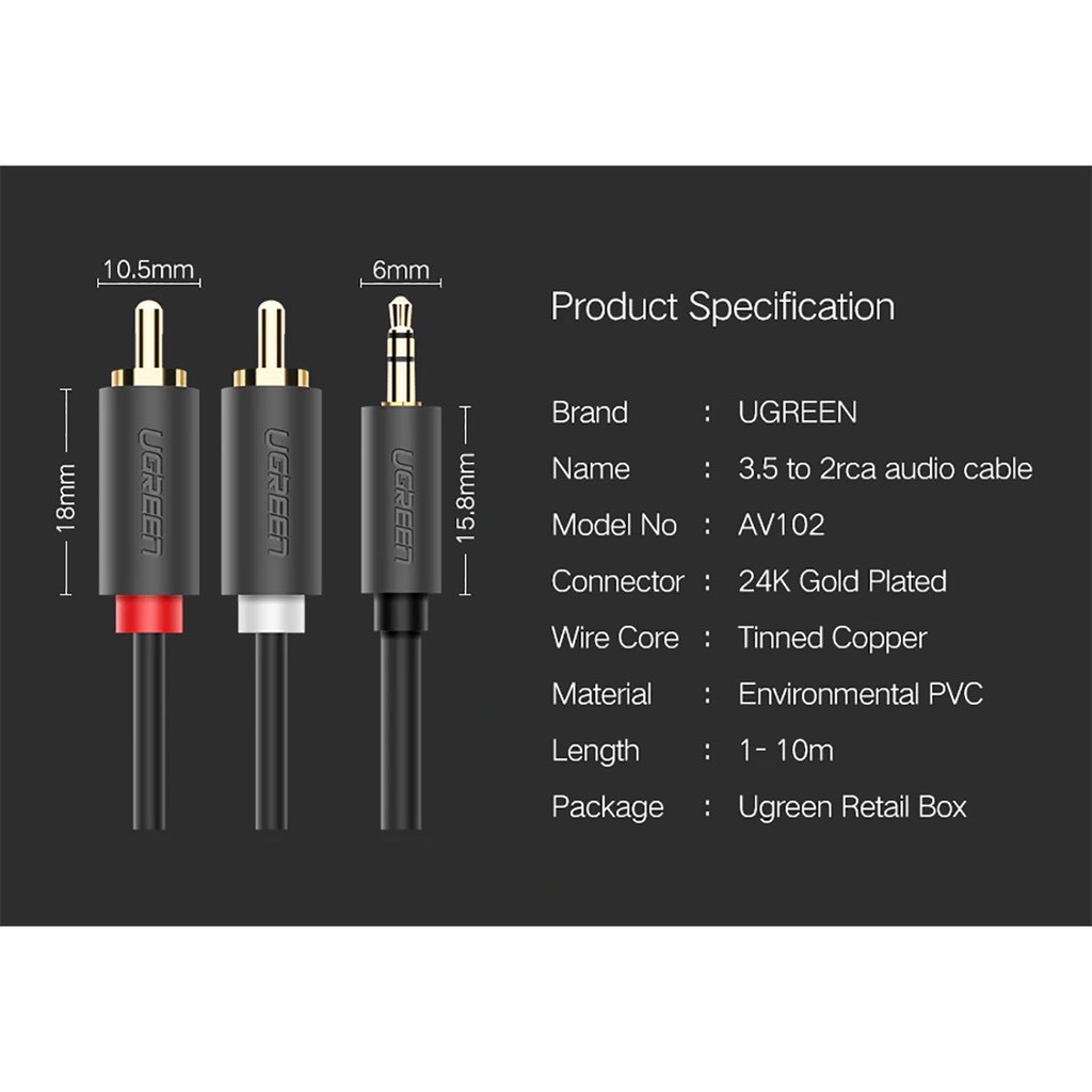 Cáp âm thanh audio 3.5mm sang 2 RCA (hoa sen) 15M Ugreen 60834 cao cấp