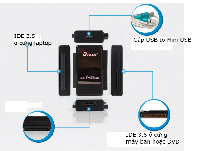 Bộ chuyển đổi USB 2.0 to SATA + IDE Dtech (DT8003A) cao cấp