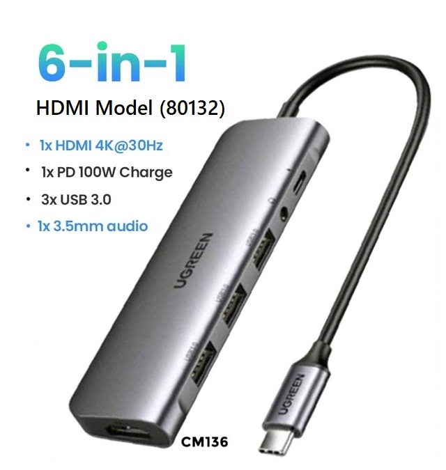 UGREEN CM136 80132 High-end 6 in 1 USB type C Universal HUB