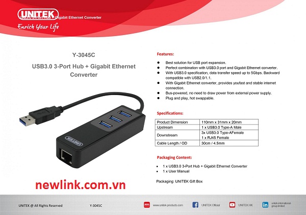 Hub USB 3.0, 3 cổng USB + 1 Cổng RJ45 Unitek Y-3045C