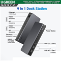 Docking Station USB-C 4K@60Hz 9 in 1 sang DP x2, HDMI x2, RJ45, PD 100W, USB-A+C