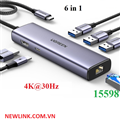 Hub USB- C 6 trong 1 ra HDMI 4K@30Hz, USB 3.0, Lan 1Gbps, Sạc PD 100W Ugreen 155