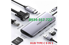 70490, Bộ chuyển đổi USB-C sang 3 USB 3.0+HDMI+RJ45+SD&TF Ugreen ( 9 in 1)