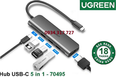 70495, Bộ chuyển đổi USB Type-C sang HDMI 4K60Hz+ USB 3.0*3 +PD Ugreen ( 5 in 1)