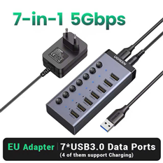 Bộ HUB chia 7 cổng USB 3.0 5Gbps vỏ nhôm, công tắc Ugreen 90307 (kèm nguồn 12V2A-US) cao cấp