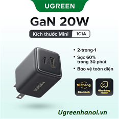 Bộ sạc nhanh GaN 20W UGREEN X514 55533 cổng USB-C+USB-A PD 3.0 QC 3.0 cho iPhone 16,15 Pro Max cao cấp
