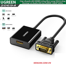 Cáp chuyển đổi HDMI (âm) sang VGA (dương) có âm thanh Ugreen 20694 cao cấp