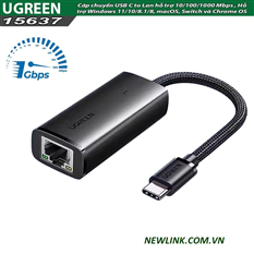 Cáp chuyển đổi USB Type-C 3.0 sang Lan Gigabit 1000Mbps Ugreen 15637 cao cấp