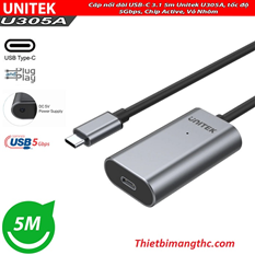 Cáp nối dài Type C - 3.1 5m Unitek U305A, tốc độ 5Gbps, Chip Active , vỏ nhôm cao cấp