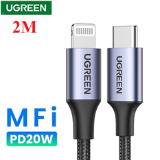 Cáp sạc, dữ liệu USB Type-C sang Lightning dài 2M chuẩn MFI Apple, sạc nhanh 3A Ugreen 60761 (Black)