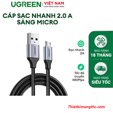 Cáp sạc micro USB 2.0 dài 0.25m bọc dù sạc 2.4a QC3.0 Ugreen 60144 cao cấp