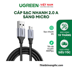 Cáp sạc micro USB 2.0 dài 1m bọc dù sạc 2.4a QC3.0 Ugreen 60146 cao cấp