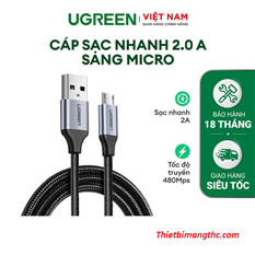 Cáp sạc micro USB 2.0 dài 2m bọc dù sạc 2.4a QC3.0 Ugreen 60148 sạc nhanh cao cấp