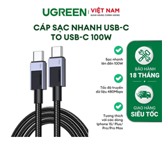 Cáp sạc nhanh, dữ liệu 100W 5A USB Type-C sang Type-C dài 1M Ugreen 45063 cao cấp