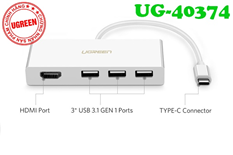 Cáp USB Type C ra HDMI, USB 3.0 chia 3 cổng Ugreen 40374 cao cấp