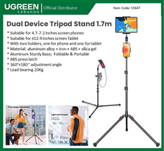 Chân đế Tripod 1.7m cho máy tính bảng và điện thoại, có 2 giá đỡ, 1 cho điện thoại và 1 cho máy tính bảng UGREEN LP585 -15647