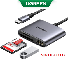 Đầu đọc thẻ SD/TF kèm OTG chuẩn USB Type-C Ugreen 80798 vỏ nhôm cao cấp