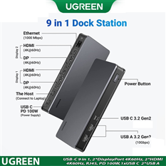 Docking Station USB-C 4K@60Hz 9 in 1 sang DP x2, HDMI x2, RJ45, PD 100W, USB-A+C Ugreen 90912