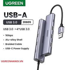 Hub chia USB 3.0 ra 4 cổng USB 3.0 tốc độ 5Gbps dây bọc dù vỏ nhôm Ugreen 20805