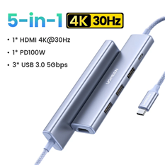 Hub Type-C Revodok 5 trong 1 ra HDMI 4K@30Hz, USB 3.0, Sạc PD 100W Ugreen 35581 cao cấp