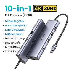 Hub USB- C 10 in 1 ra HDMI 4K30hz, VGA, USB, Lan 1Gbps, 3.5mm, SD/TF, Sạc PD 100W Ugreen 15601