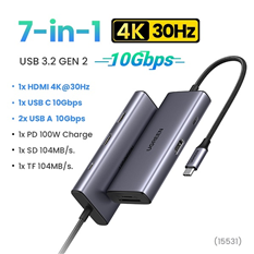 Hub USB- C 7 in 1 sang HDMI 4K@30Hz, USB Type-C, USB-A 3.2, SD/TF, Sạc PD 100W Ugreen 15531 cao cấp