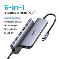 HUB USB-C to HDMI 4k30hz kèm Hub 2 USB 3.0 + SD/TF Ugreen 70411 (Có cổng sạc USB Type-C) cao cấp