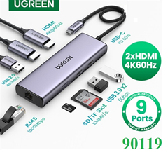 Hub USB C Ugreen 9 in 1 ra 2 cổng HDMI 4K60Hz USB LAN Gigabit PD 60W, SD,TF Ugreen 90119 cao cấp