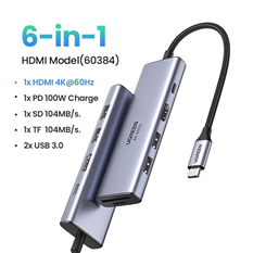 Hub USB Type-C 5 in 1 to HDMI 4K@60HZ + USB 3.0*2 + SD/TF + PD 100W Ugreen 60384 cao cấp