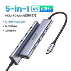 Hub USB Type-C 5 trong 1 ra HDMI 4K@60Hz, USB-A x3, Sạc PD 100W Ugreen 15597 cao cấp