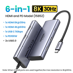 Hub USB Type-C 6 trong 1 ra 2 x HDMI 8K@30Hz, USB Type-C, USB-A 3.0, Sạc PD 100W Ugreen 15852 cao cấp