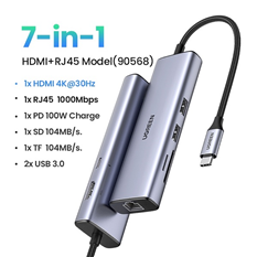 Hub USB Type-C 7 in 1 ra HDMI 4K@30Hz + USB 3.0*2 + SD/TF + PD 100W Ugreen 90568 cao cấp