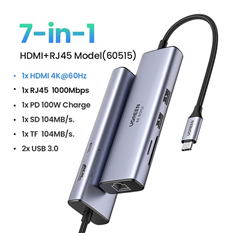 Hub USB Type-C ra HDMI 4K@60hz, USB, LAN Gigabit, PD100W, SD, TF Ugreen 60515 cao cấp