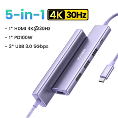 Hub USB Type-C Revodok 5 in 1 ra HDMI 4K@30Hz, USB 3.0, Sạc PD 100W Ugreen 35582 cao cấp