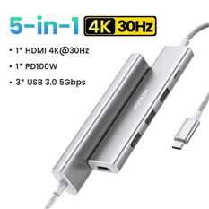 Hub USB Type-C Revodok 5 trong 1 ra HDMI 4K@30Hz, USB 3.0, Sạc PD 100W Ugreen 35580 cao cấp