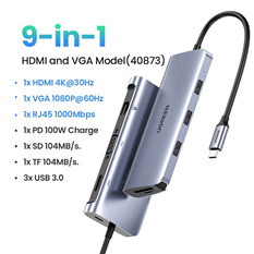 Hub USB type-C to HDMI,VGA,Hub USB 3.0,SD,TF,Lan Gigabit Ugreen 40873 cao cấp
