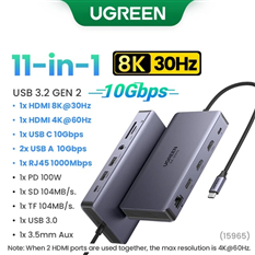 HUB USB Type-C Thunderbolt to HDMI 8K30hz /USB 3.2/SD/TF/Lan Gigabit/Sạc PD/Audio 3.5 Ugreen 15965 cao cấp