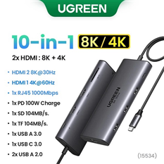 Hub USB Type C to HDMI 8K30Hz 4K60hz+1RJ45 1000Mbps+PD100W+SD+TF+USB 3.0+ 2 USB 2.0 Ugreen 15534 cao cấp