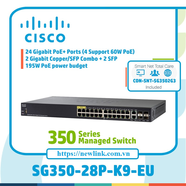 Thiết bị chia cổng mạng Switch Cisco SG350-28P-K9-EU cao cấp