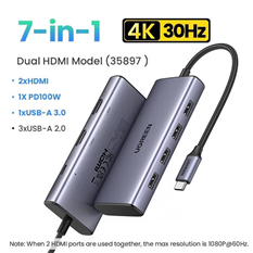 Ugreen Hub HDMI kép 7 in 1 Type C sang HDMI 5Gbps PD100W 4K @ 30hz Màn hình đơn 1080P @ 60Hz Màn hình kép cho Macbook 35897